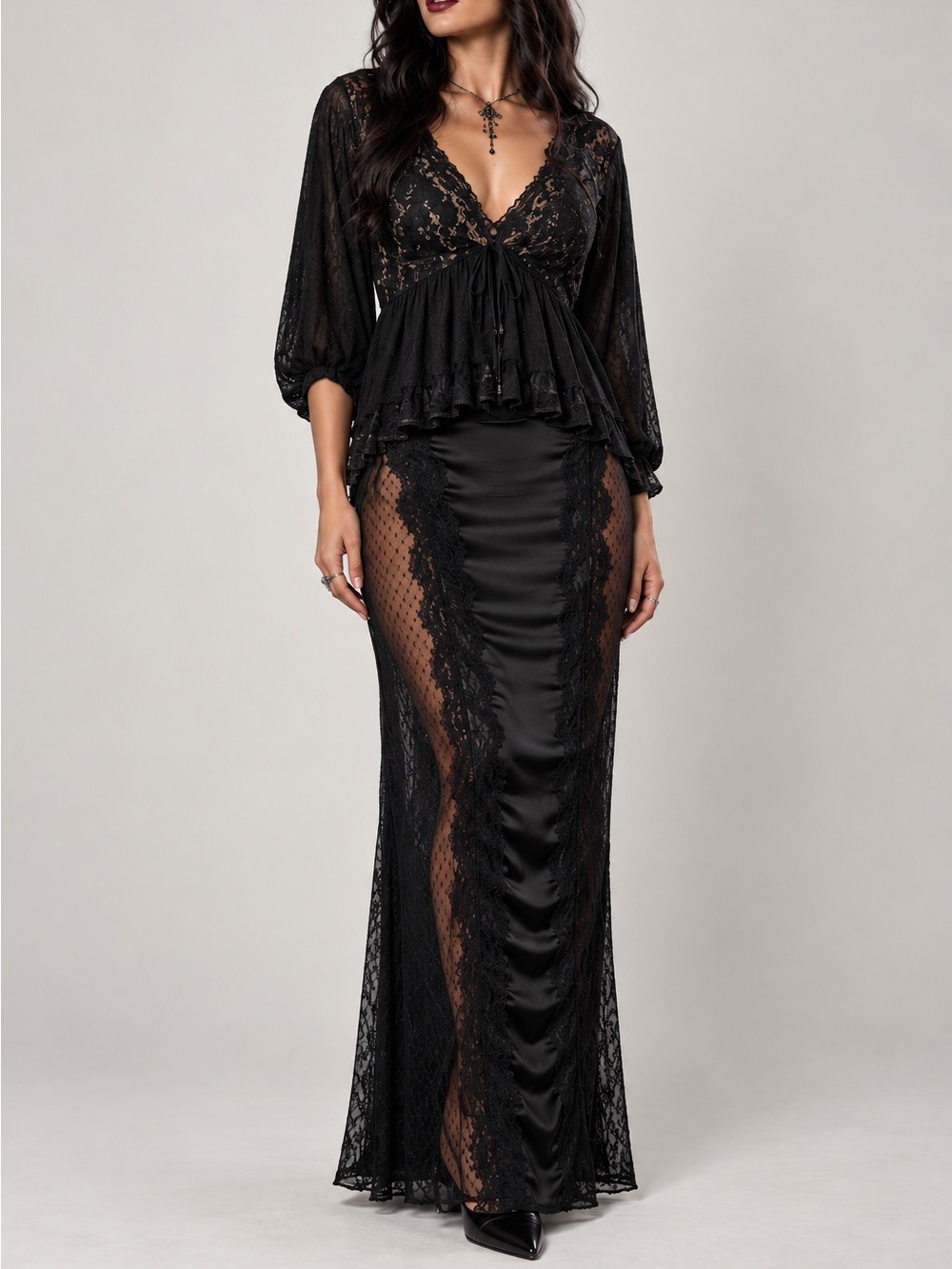 Fashion Nova Black Hot Take Satin Lace Whimsigoth Morticia Maxi Skirt S